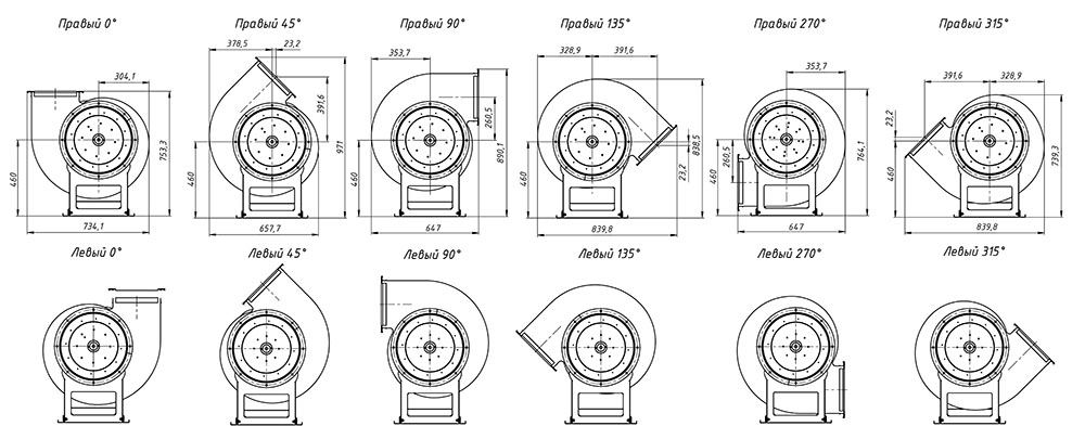 Габаритные и присоединительные размеры радиального вентилятора ВР 80-75 №4 Исполнение 1, зависящие от положения корпуса
